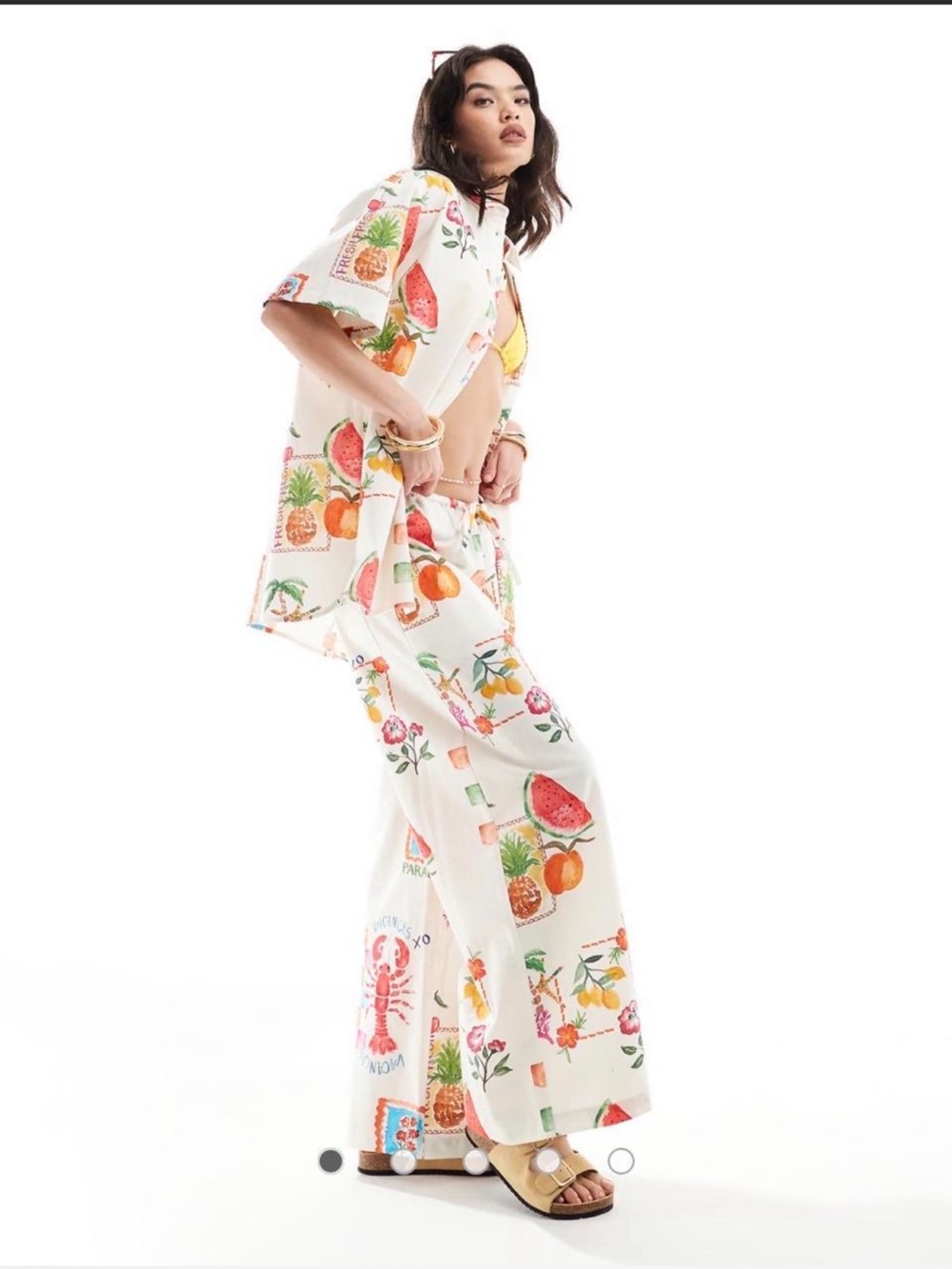 Tropical Fruit Linen Pants - Cream, Orange, Green
